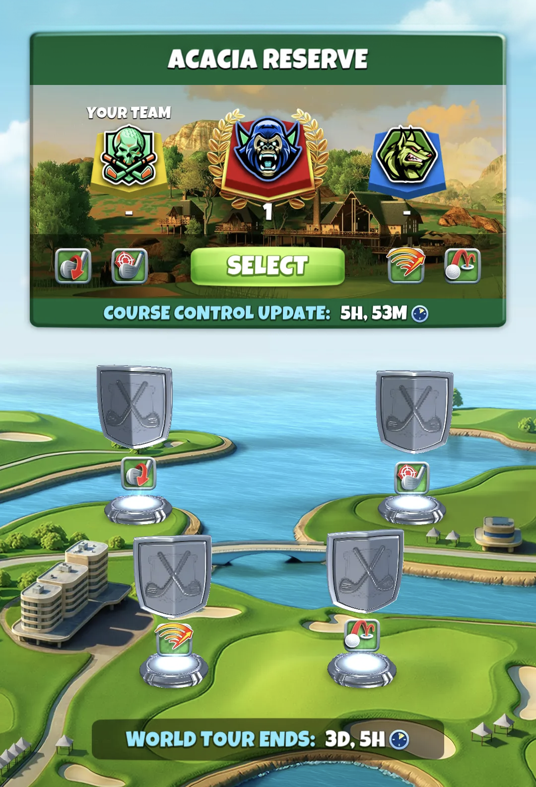 CWT World Map showing 1 main course and 4 support courses